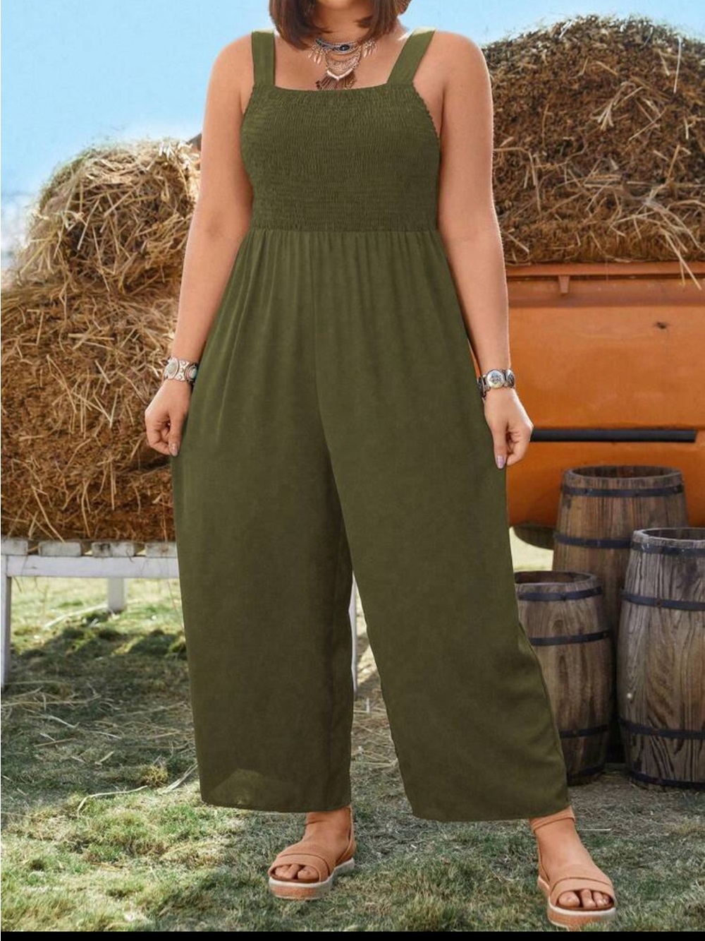 Smocked Olive Green Wide-Leg Jumpsuit